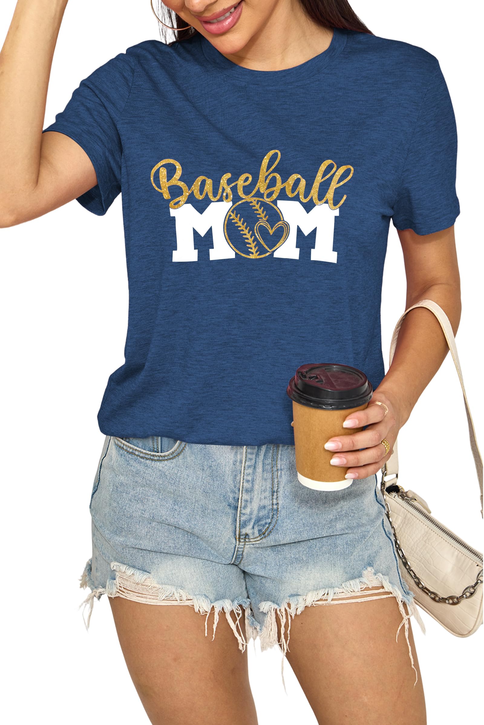 Mama & Mom Cotton Blend T-Shirts for Women - Round Neck Short Sleeve Tees with Mama/Mom Prints & Gold Foil Designs