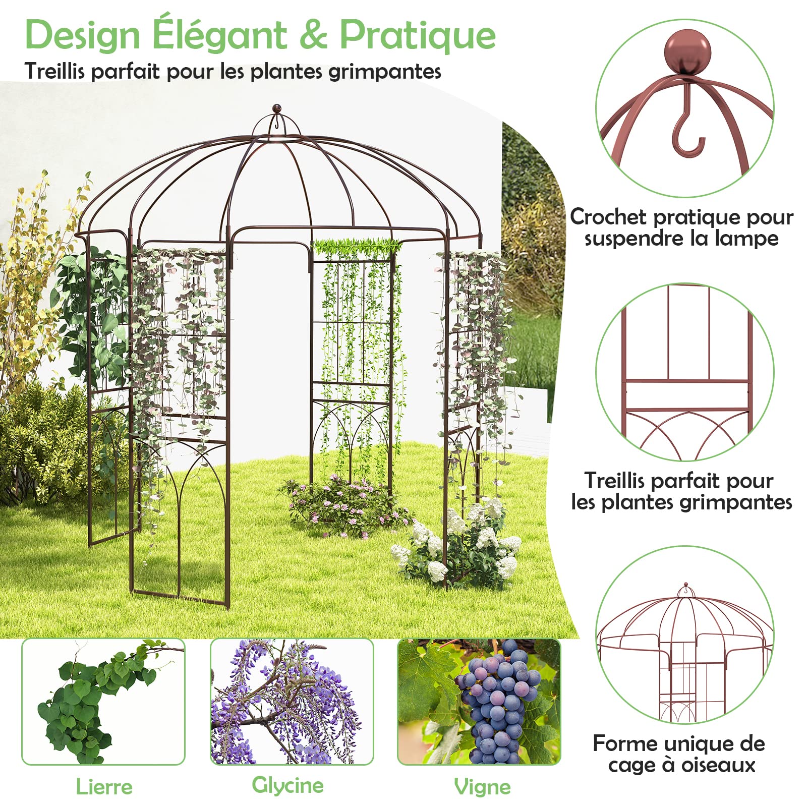 RELAX4LIFE Arche de Jardin en Métal pour Plantes Grimpantes, Voûte de Jardin en Forme de Cage à Oiseaux avec 8 Tubes de Pieds, pour Mariage/Commémoration/Fête d'anniversaire, 211X211X256CM, Bronze