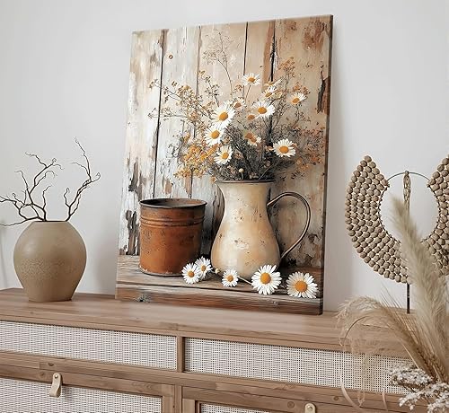 Miniatura 9 de Lienzo decorativo rústico con margaritas y margaritas, decoración de pared de campo neutro, cuadro de naturaleza muerta en jarrón, póster impreso