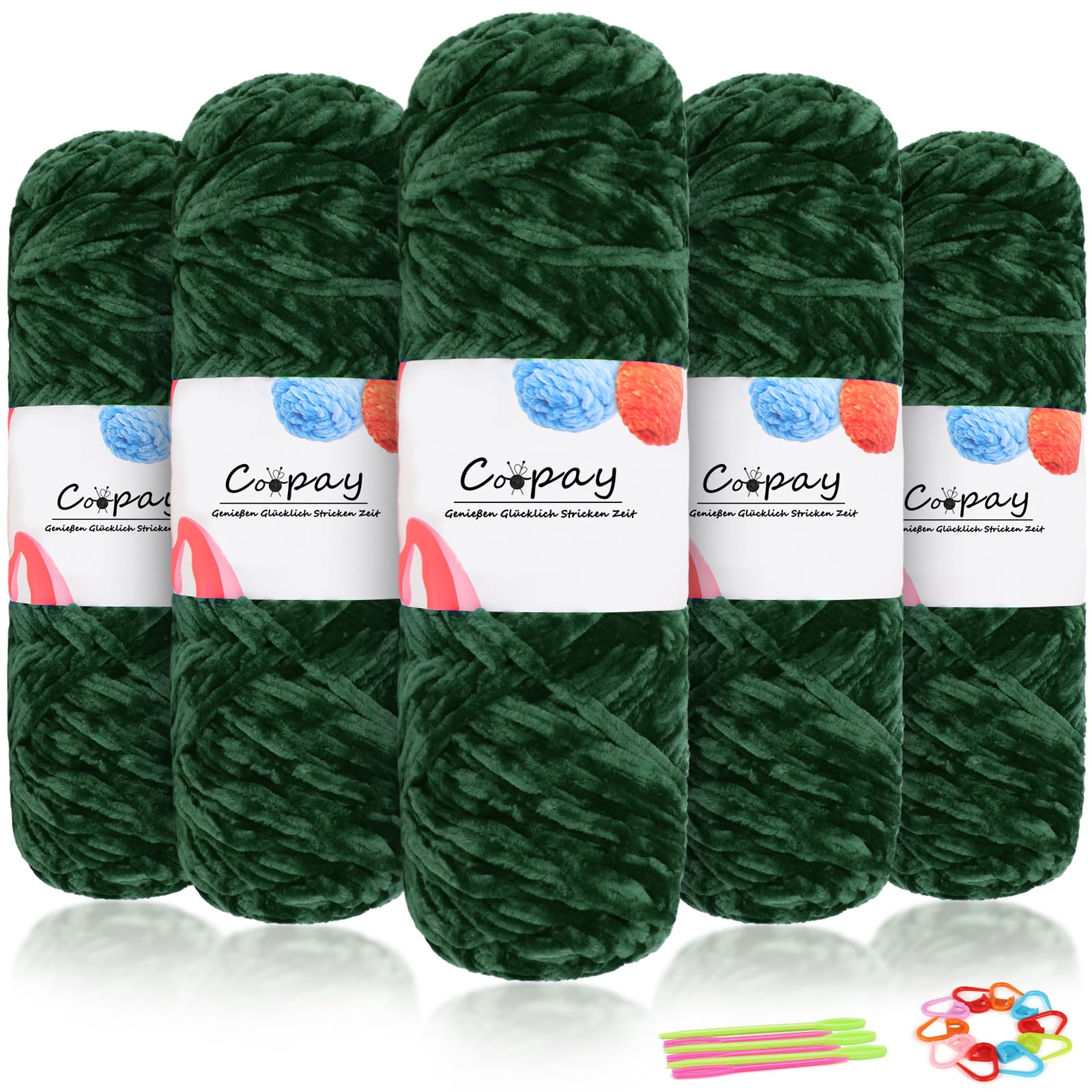 Coopay Samt Chenille Wolle, 500g (5x100g) Velvet Chenillegarn Wolle zum Häkeln, Flauschige Weicher Babywolle für Kinder, Samtig Chenillewolle mit Häkelzubehör für Puppen, Schals