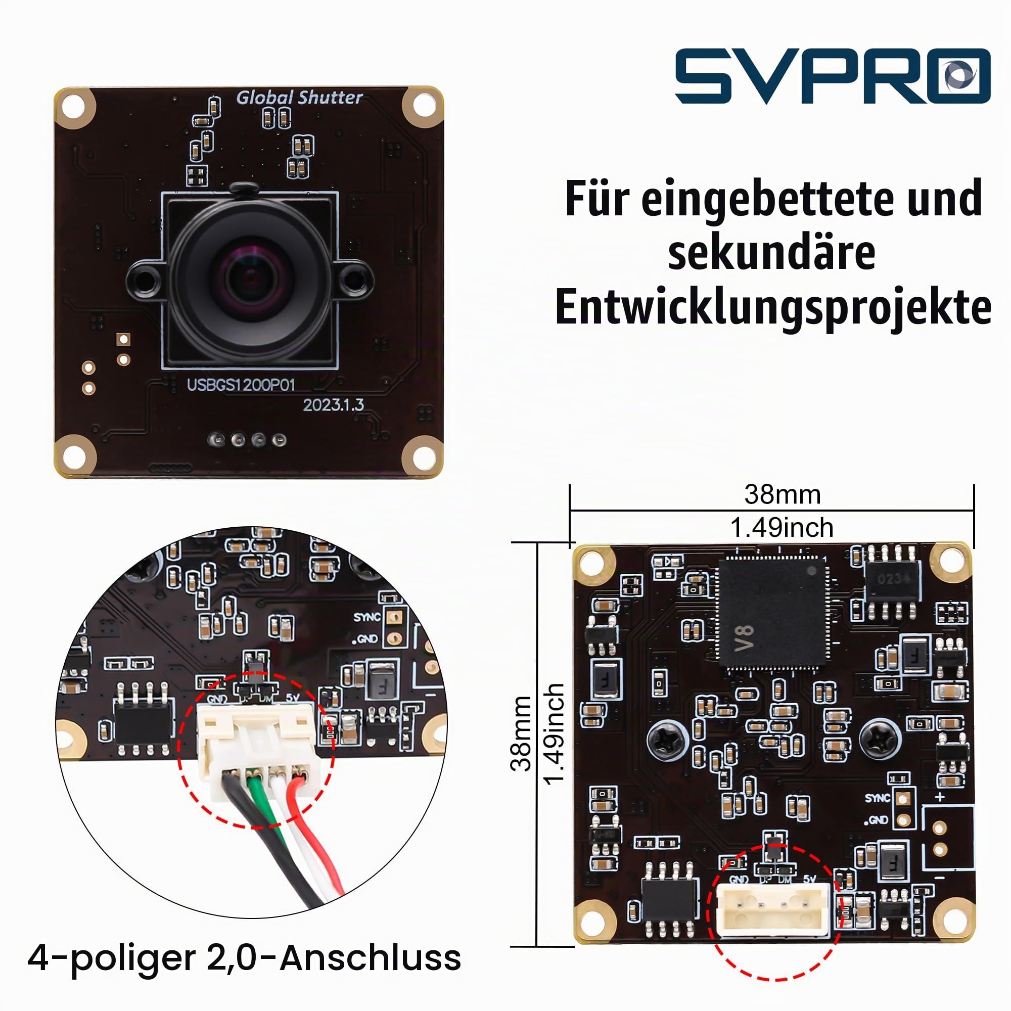 Svpro Global Shutter USB Kamera Board 90fps High Speed Webcam Modul mit verzerrungsfreiem M12 Objektiv,Zeitlupen Kamera 1920x1200 2MP AR0234 UVC Kameramodule für Computer,Laptop,Android Gerät