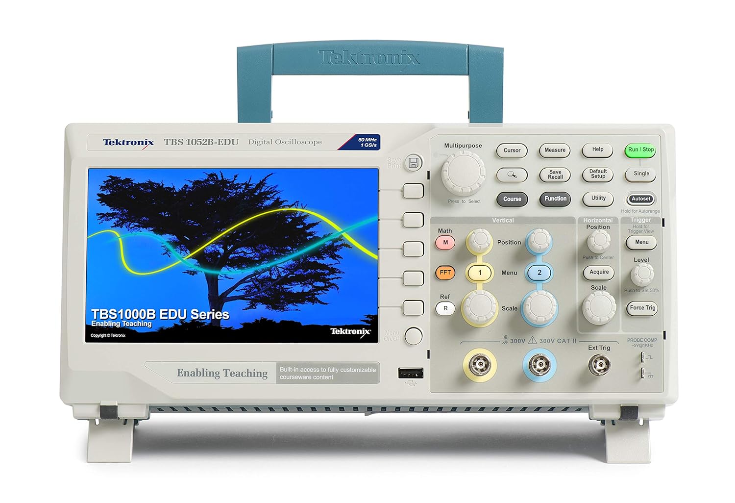 Front view of the Tektronix TBS1052B-EDU oscilloscope with a waveform displayed on the screen.