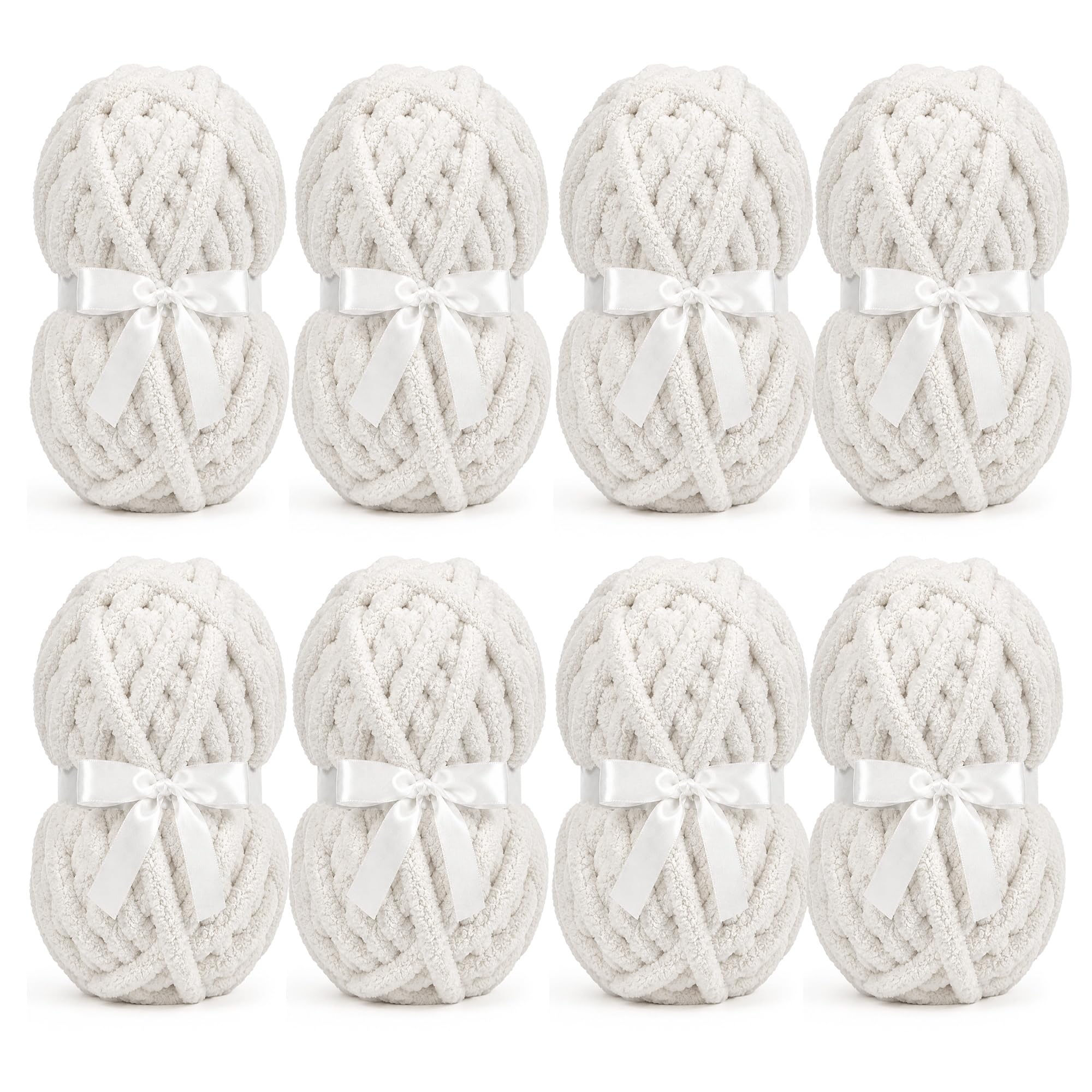 Chunky Chenille Yarn, Super Soft Fluffy Jumbo, 226g Skein, 24m Length, 2cm Diameter, for Hand Knitting and Crocheting, Blankets, Home Decor (8, Beige White)