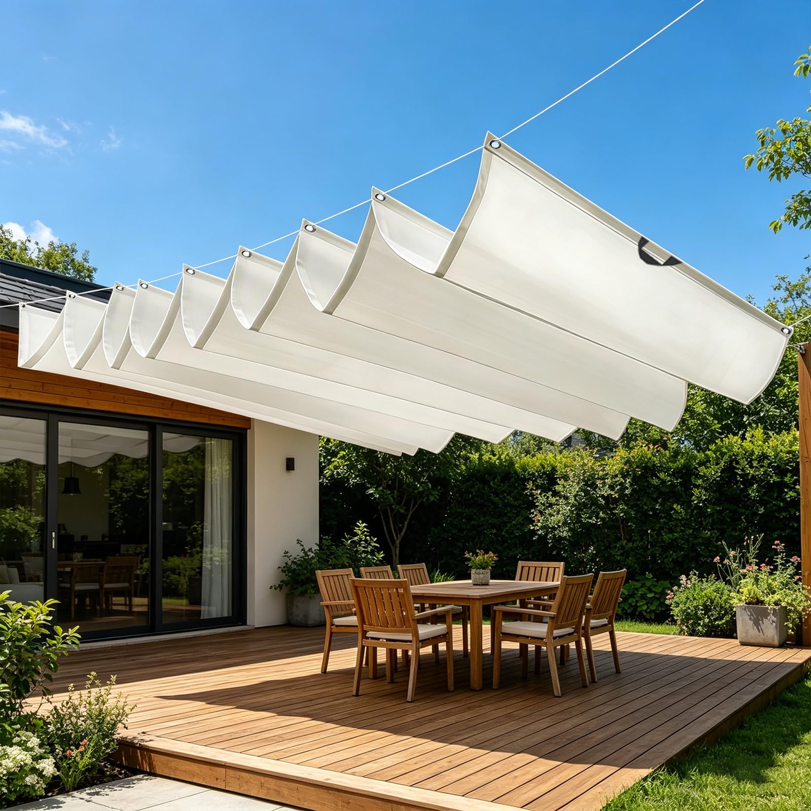 Wellenmarkise 1.3 x 4 m Nach Maß, Sonnenschutz, Wasserdicht, 98% Uv-Schutz & Reißfest, Verstellbar Wellenmarkise mit ÖSen Und Kordel für Garten Terrasse, Weiß