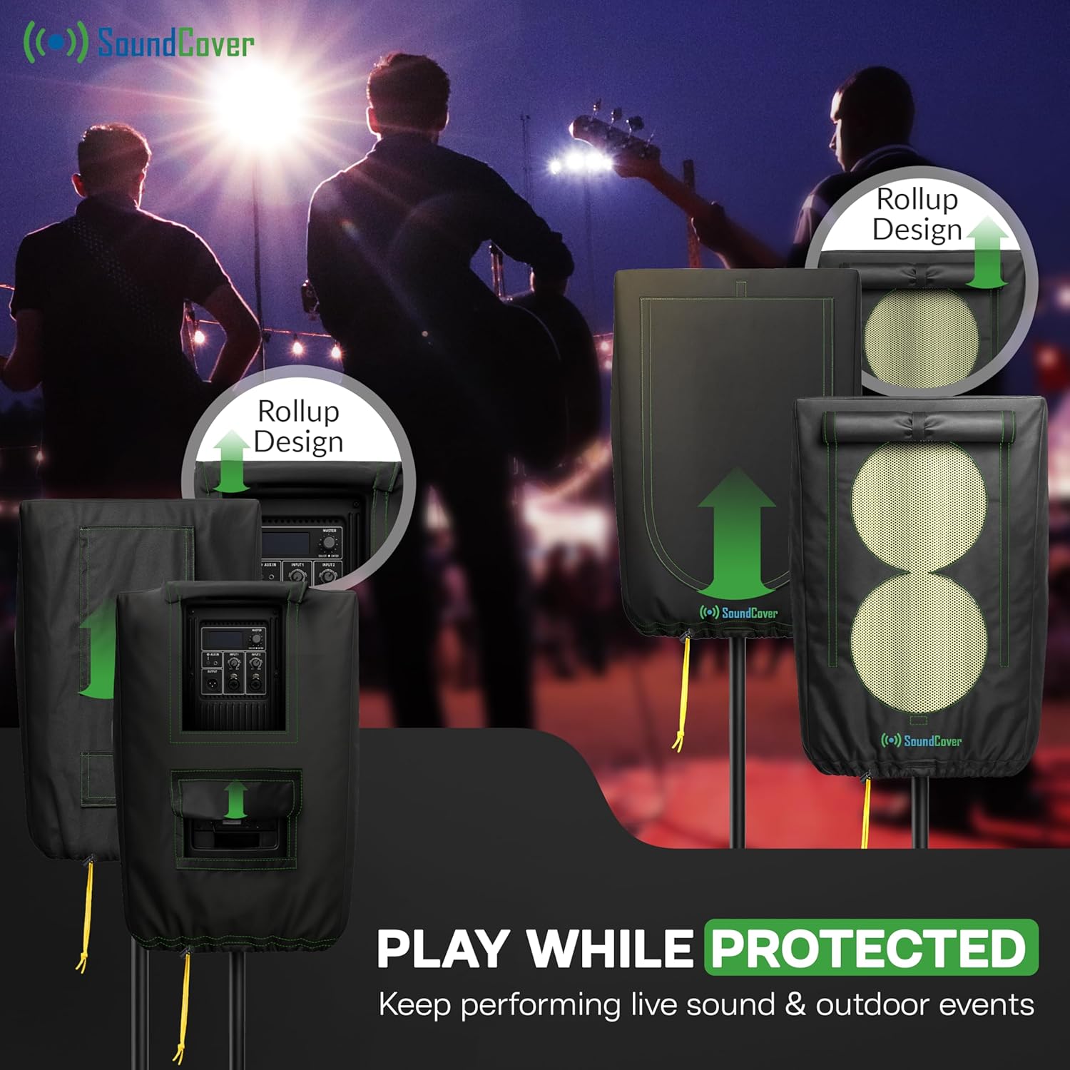Professional Grade 600D Protective Cover for Stand Mounted 15" PA/DJ Powered Speaker with SoundFlap - Black - Includes a 420D Storage Bag and reinforced yellow Paracord 700 draw cord