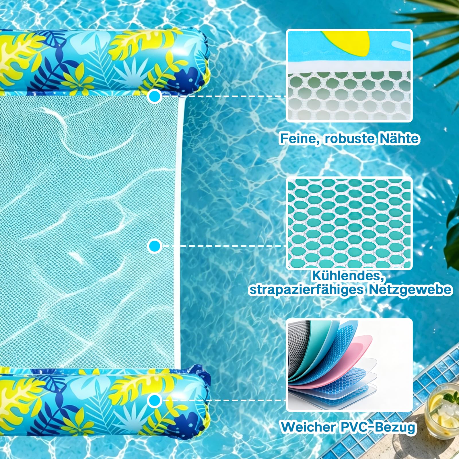 Luftmatratze Pool, 2 Stück Pool Zubehör Wasserhängematte Erwachsene, 4 IN 1 Aufblasbarer Luftmatratze Wasser Mit Netz Für Pool Meer Strand See（Blau + Rot）