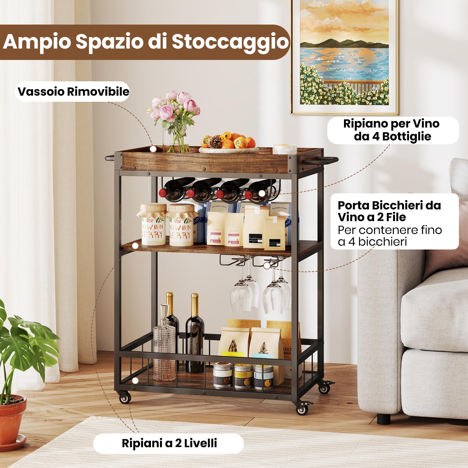 RELAX4LIFE Carrello Bar a 3 Livelli con Vassoio Rimovibile, Portabottiglie e Porta Bicchieri, Carrello su Ruote con Manico per Sala da Pranzo e Soggiorno
