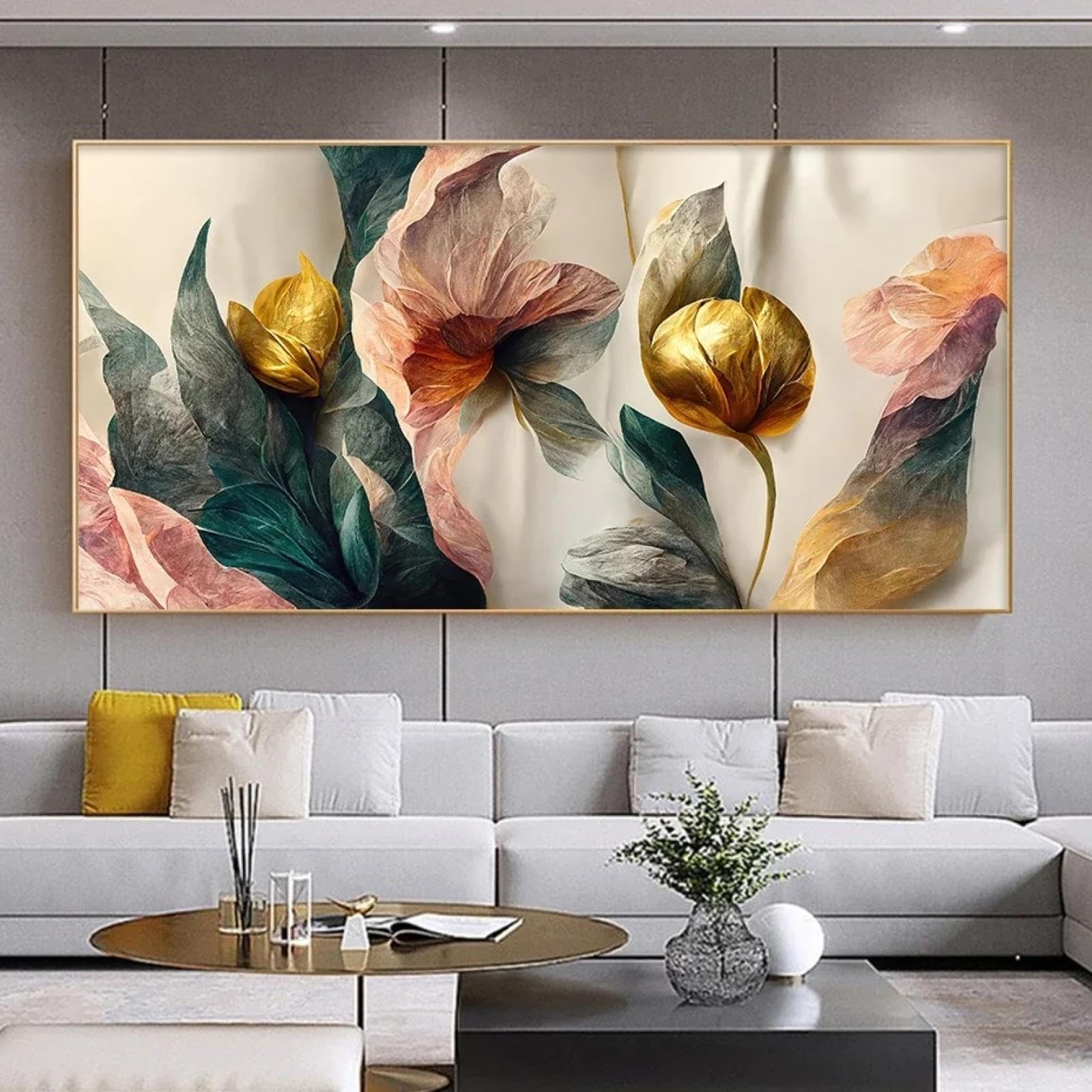 LZJAGXX Vintage Flowers Posters Gold Green Pink Flower Big Size Wall Art Canvas Painting Prints Pictures Living Room Home Decor 80x160cm Frameless