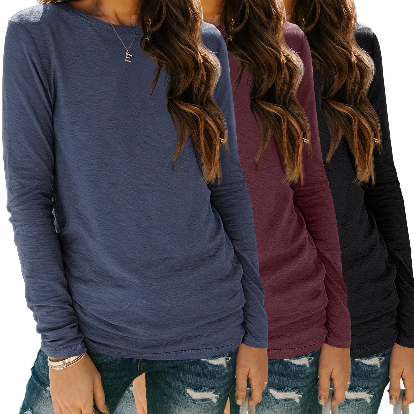 SUNBS 3-Pack Everyday Basic Tees for Women, Loose Long Sleeve Tops for Fall, Work to Weekend Shirts for Workout & Casual
