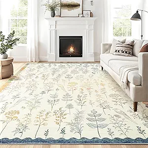 GarveeHome Washable 5x7 Rugs for Living Room Floral Scalloped Bedroom Area Rug, Non-Slip Dining Table Solid Neutral Throw Mat, Botanical Area Rug Carpet for Entry Basement Dorm Farmhouse,Beige