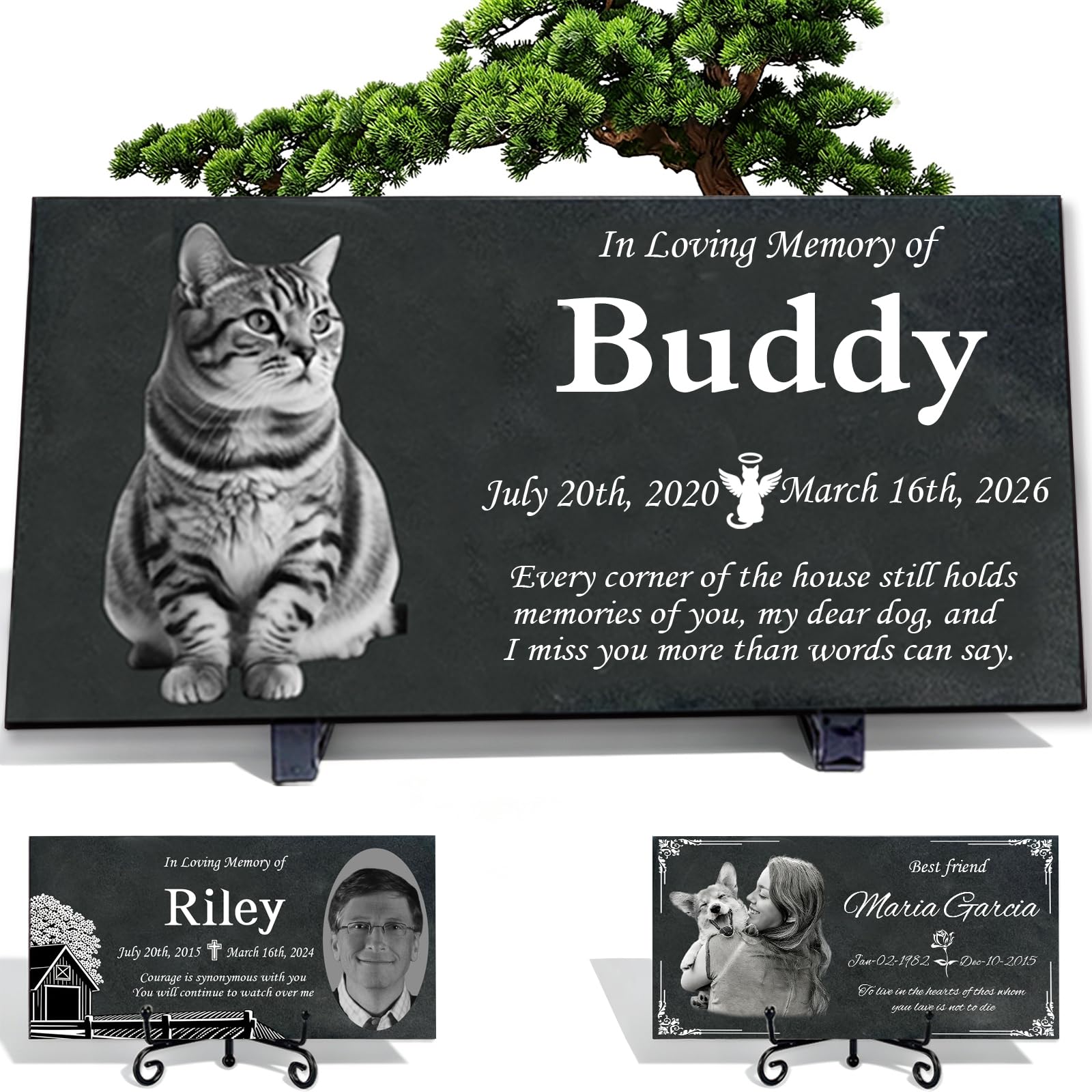 Yibairui Black Granite Pet Headstone, Engraved Dog Cat memorial plaques