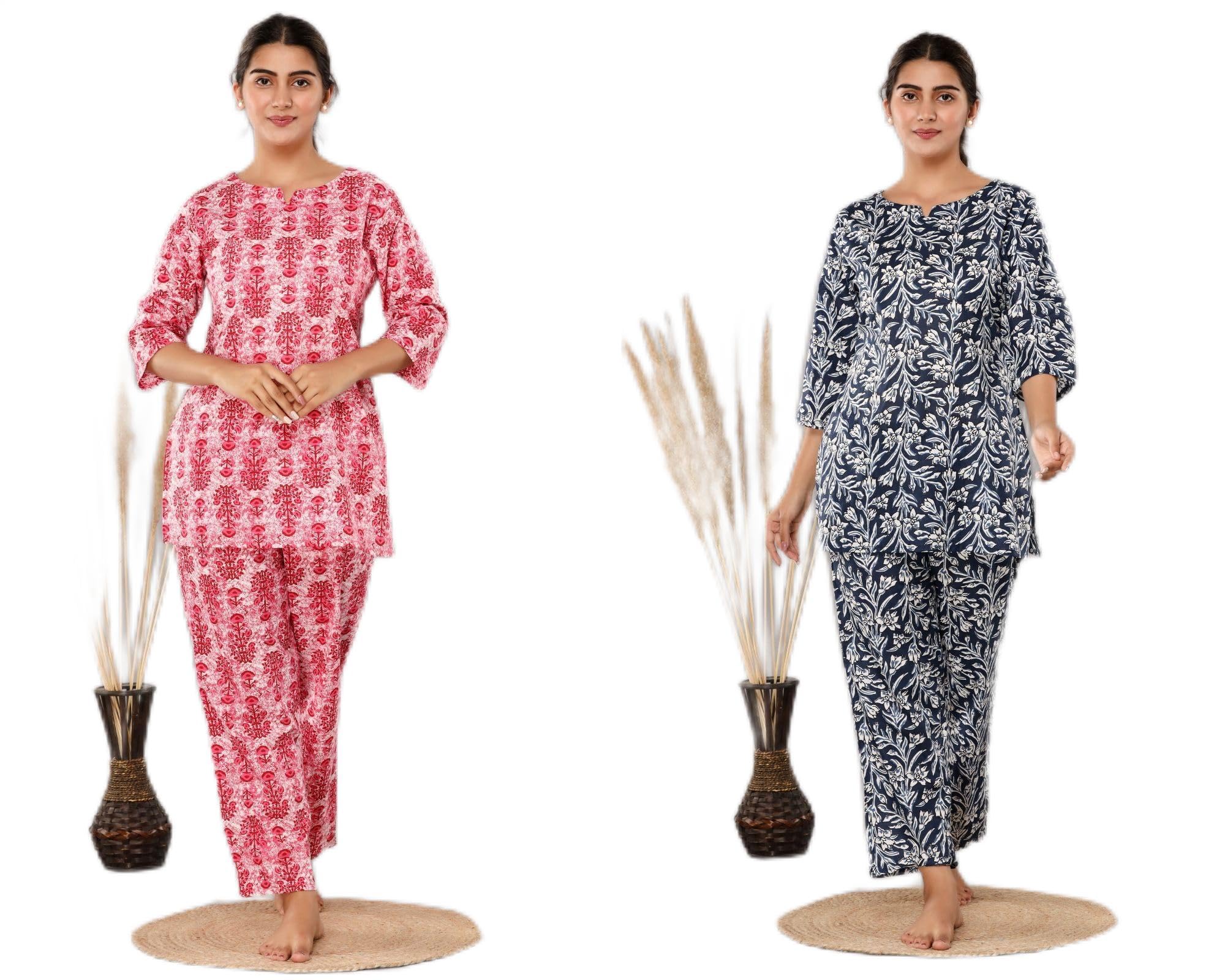 Women Printed Ethnic Wear 02 Kurta, 02 Pants Cotton KCC272 Red Nevy Blue 4 Night Suit Set-image-21