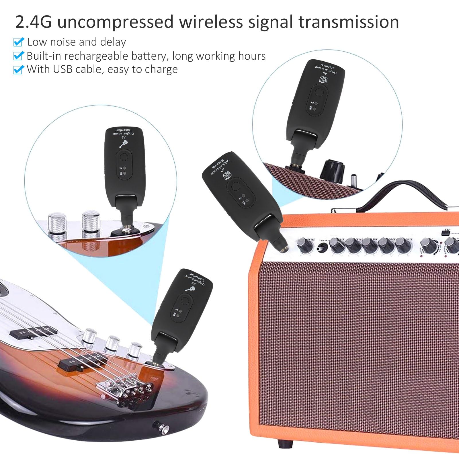 Bezprzewodowa gitara Transceiver Gitara elektryczna Akumulator Audio System bezprzewodowy Zdalny odbiór kabla gitarowego (czarny)