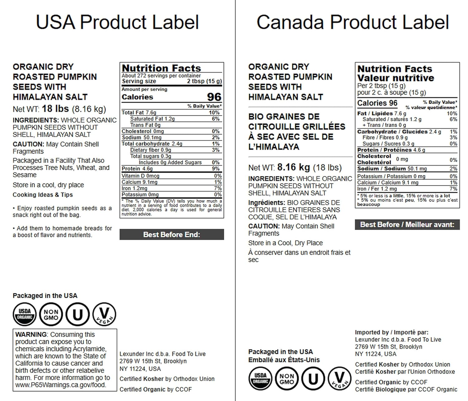 Food to Live Organic Dry Roasted Pumpkin Seed Kernels with Himalayan Salt, 18 Pounds - Non-GMO, Oven Roasted Whole Pepitas, No Oil Added, Shelled, Vegan, Kosher, Bulk