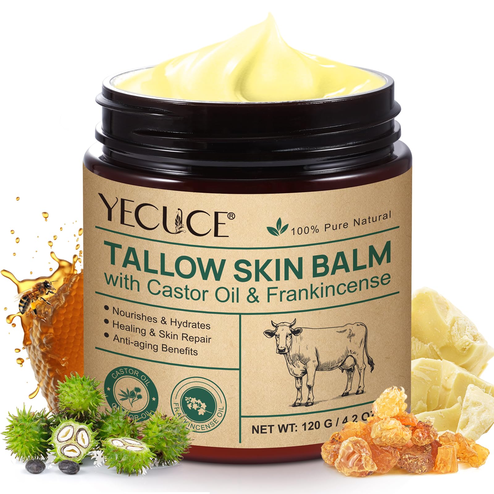 Tallow Castor Oil Frankincense Oil Skin Balm 120g, 100% Grass-Fed Beef Tallow Skin Care