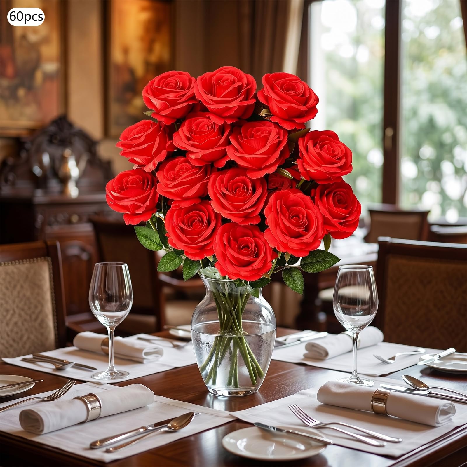 60 rose artificiali in seta, fiori decorativi per la casa (rosso)
