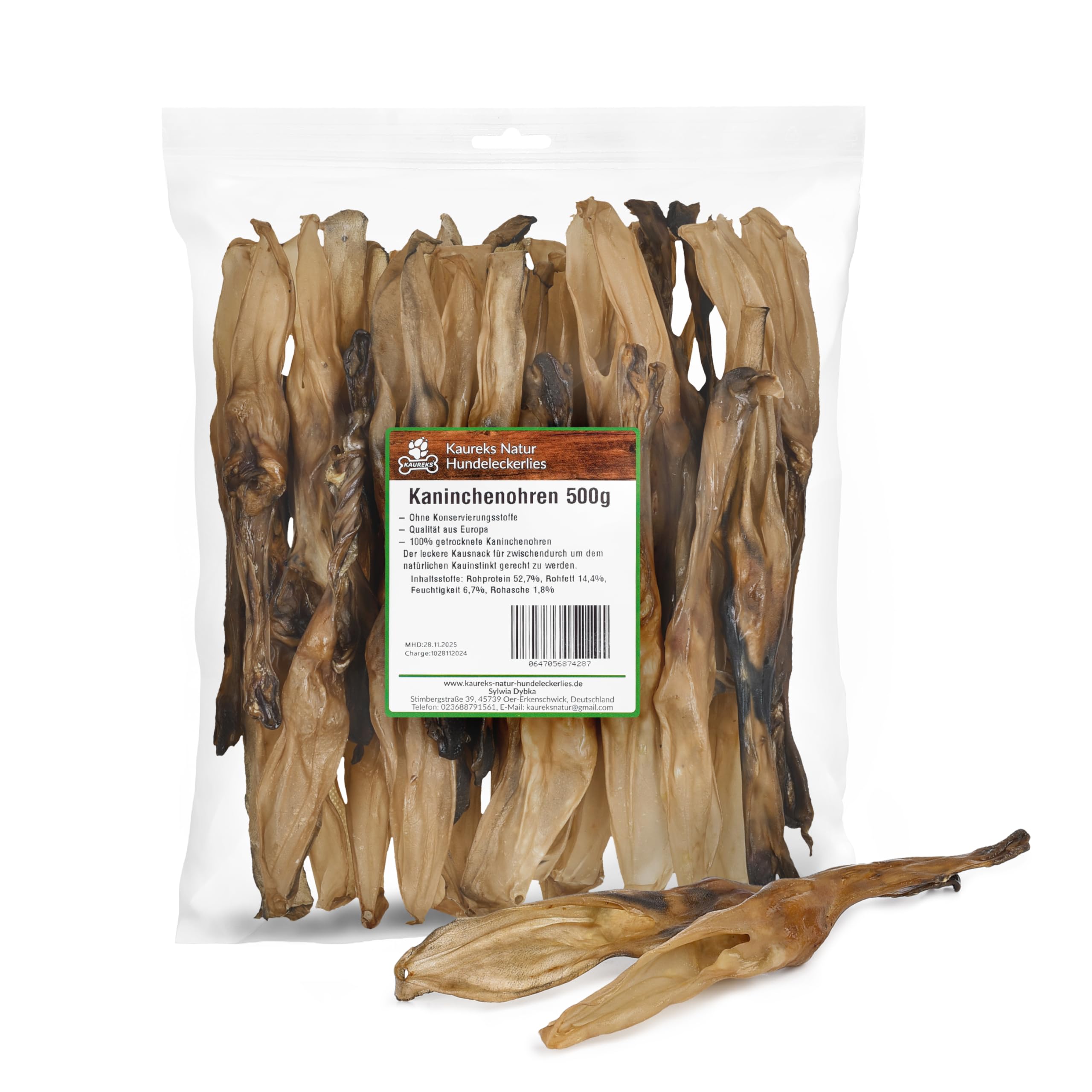Kaureks Natur Hundeleckerlies, Kaninchenohren ohne Fell 500g, Hasenohren, fettarm, Kauartikel, Kausnack