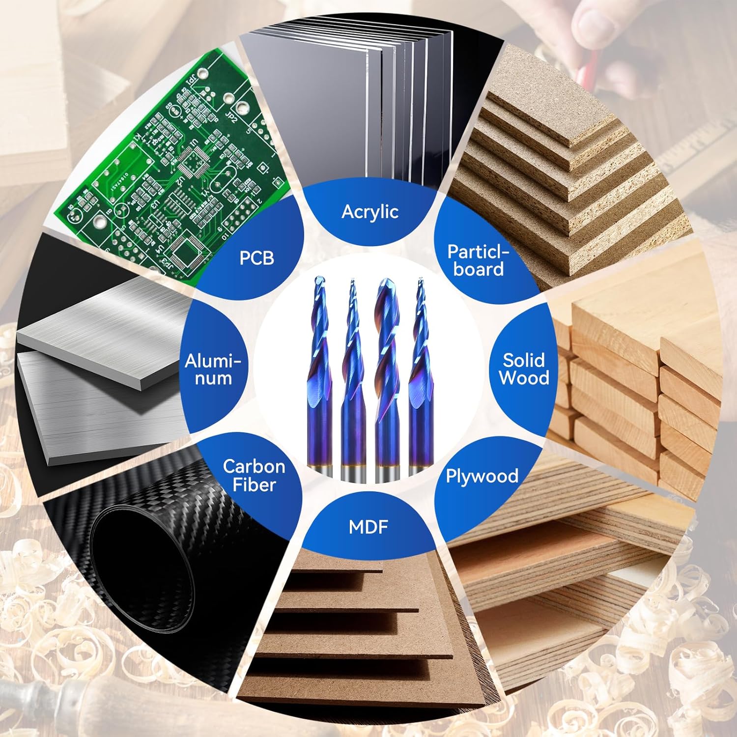 LUNYEE 4PCS Tapered Ball Nose Set Spiral Router Bits 1/4" Shank, 1/4" 1/8" 1/16" 1/32" Cutting Diameter, 3" Over Length End Mill Spiral Router Bit with NACO-Blue Coating for 2D&3D Carving Engraving