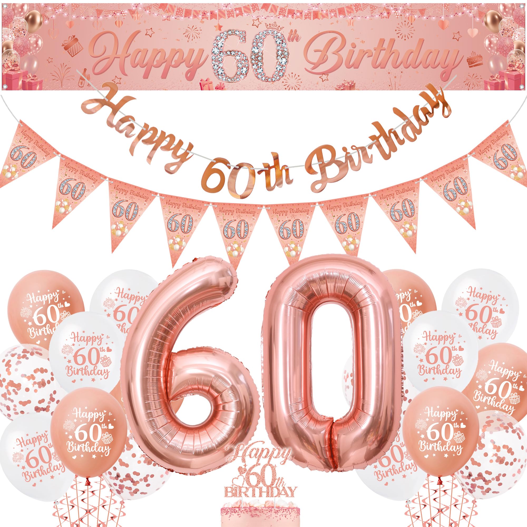60th Birthday Decorations Balloons Women - Rose Gold Decoration Yard Banner Set with Pennant, Happy 60 Years Old Banners Cake Topper and Number Foil Balloon
