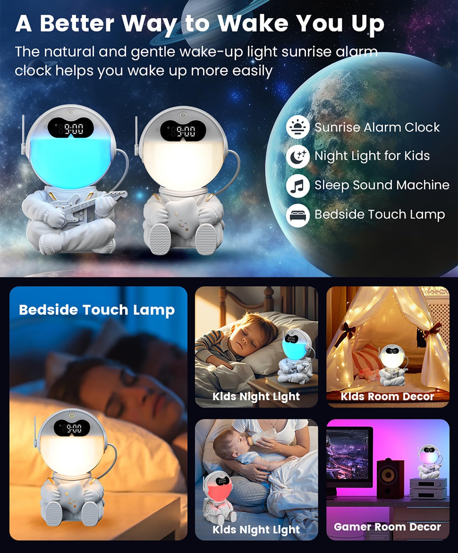 Astronaut Sunrise Wecker mit Bluetooth-Lautsprecher, Wecklicht für Das Schlafzimmer, Schlafhilfe-Nachtlicht & Dekoration, 10 Sounds & 7 Weiße Geräusche(A)