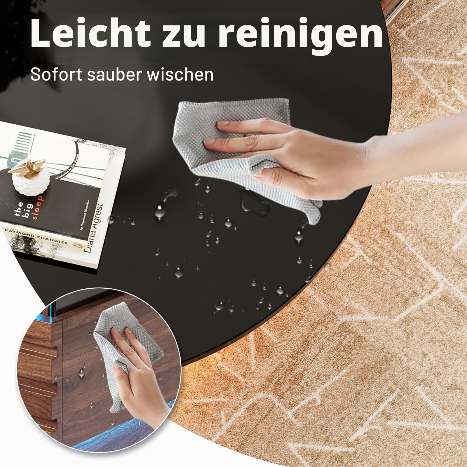 MSFE Runder Couchtisch mit LED Wohnzimmertisch mit 2 Schubladen Modern Sofatisch Runder Kaffeetisch mit Stauraum Couchtisch aus Holz & Gehärtetem Glas für das Wohnzimmer, Büro, Zuhause Ø 80cm x 40cmH