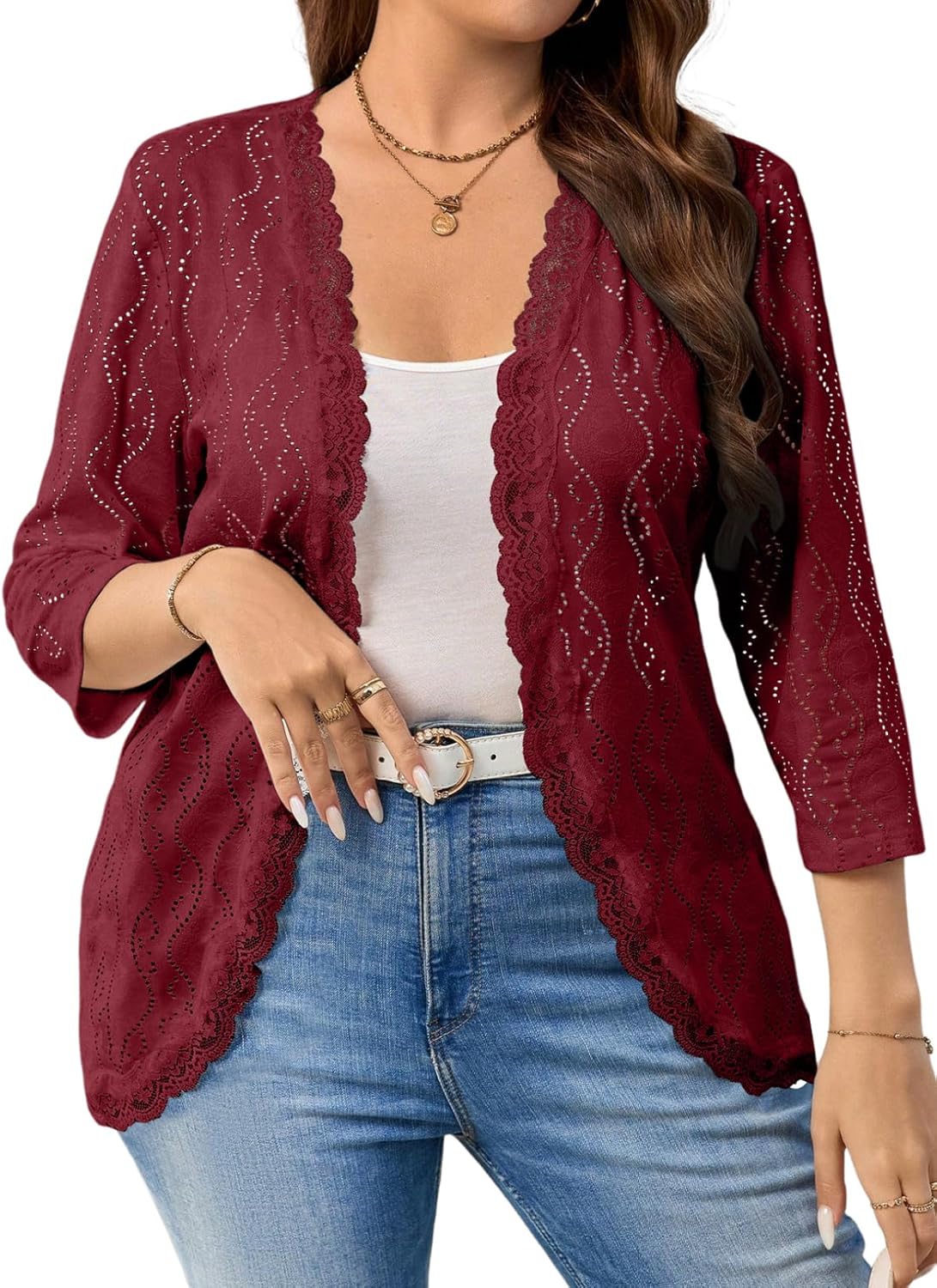 Eytino Plus Size Cardigan for Women Summer Casual Loose Half Sleeve Knit Jacquard Fashion Lace Open Front Tops(1X-5X)