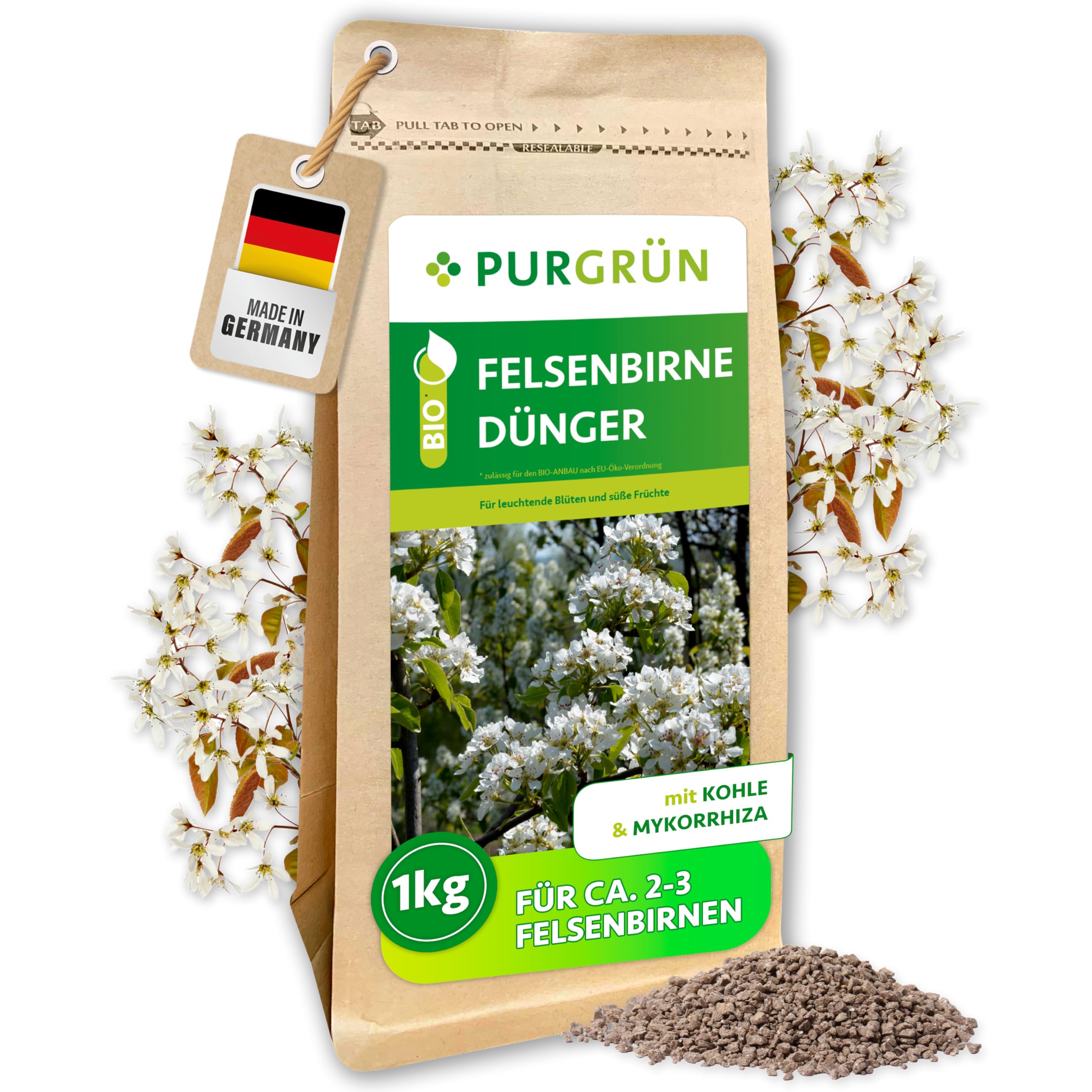 Bio-Felsenbirne-Dünger 1 kg – Organisch-mineralische Rezeptur – Feinkörniges Krümelgranulat – NPK 6+4+5 – Mit Magnesium für leuchtende Blüten & süße Früchte – Verbessert die Bodenqualität
