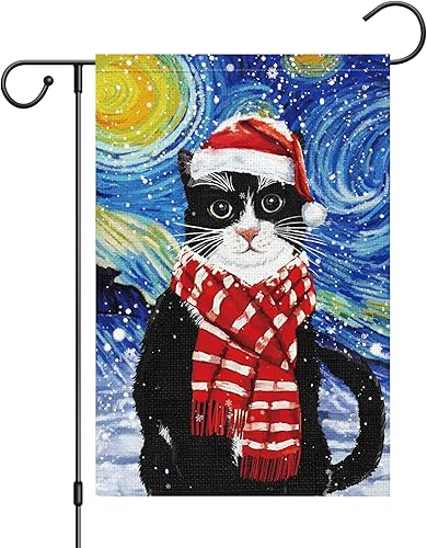 Louise Maelys Bandera de jardín de gato negro de 12 x 18 pulgadas, doble cara, arpillera de bienvenida, invierno, noche estrellada, gato, copo de
