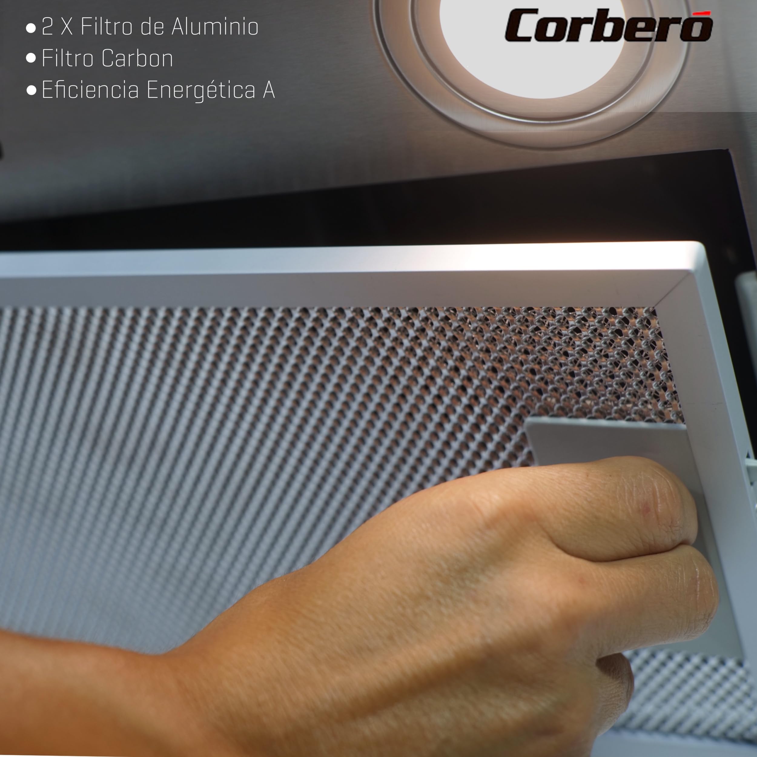Corberó - Campana Extractora Grupo filtrante VENTOR7260X | 72cm, 600 m3/h, 3 Velocidades, Filtros Aluminio y Carbón, A, Inox