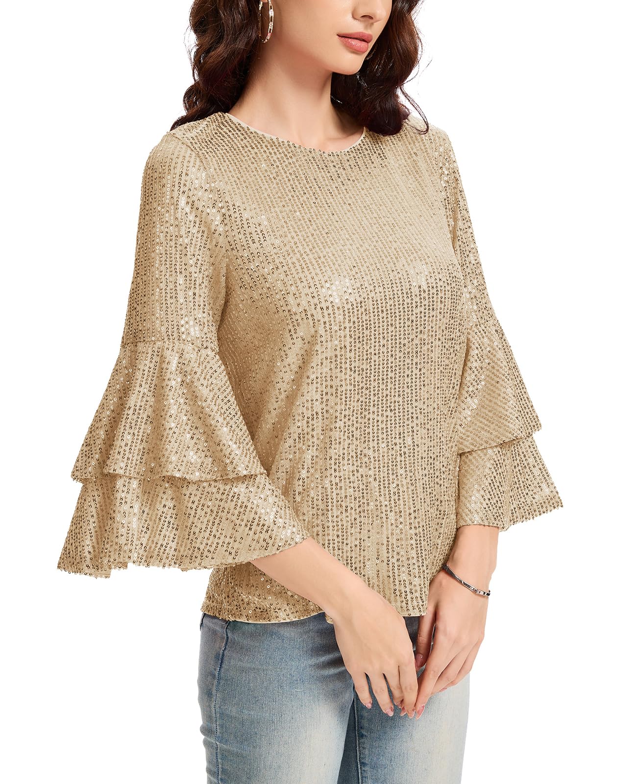 Haut à paillettes pour femme - Manches longues - Col rond - Pour les loisirs, les fêtes, les festivals