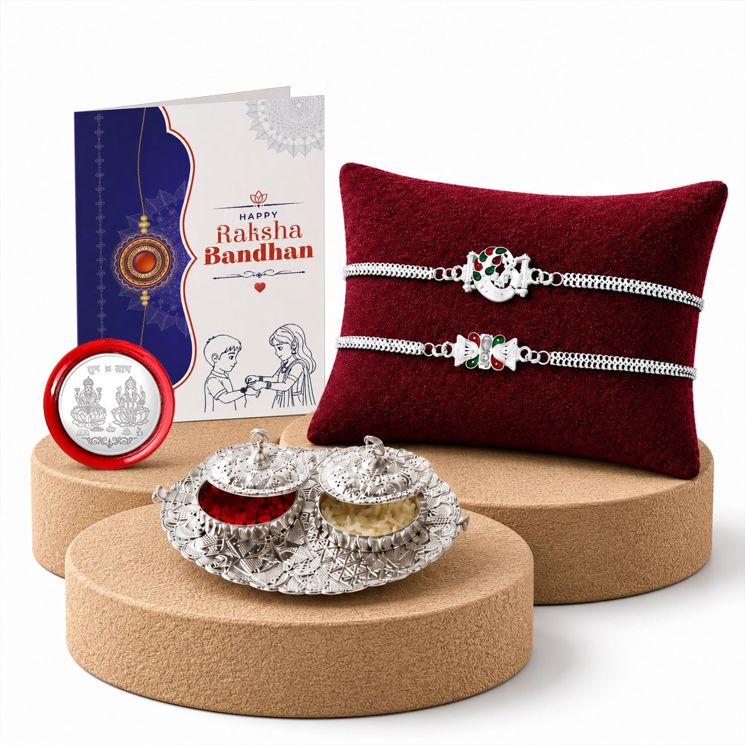 Oblivion Pooja Thali with Rakhi Set for Brother – Designer Peacock and Damru Shaped Rakhi Set of 2 with Silver Colour Pooja Coin & Greeting Card, Traditional Raksha Bandhan Celebration Combo for Bhai-image-17