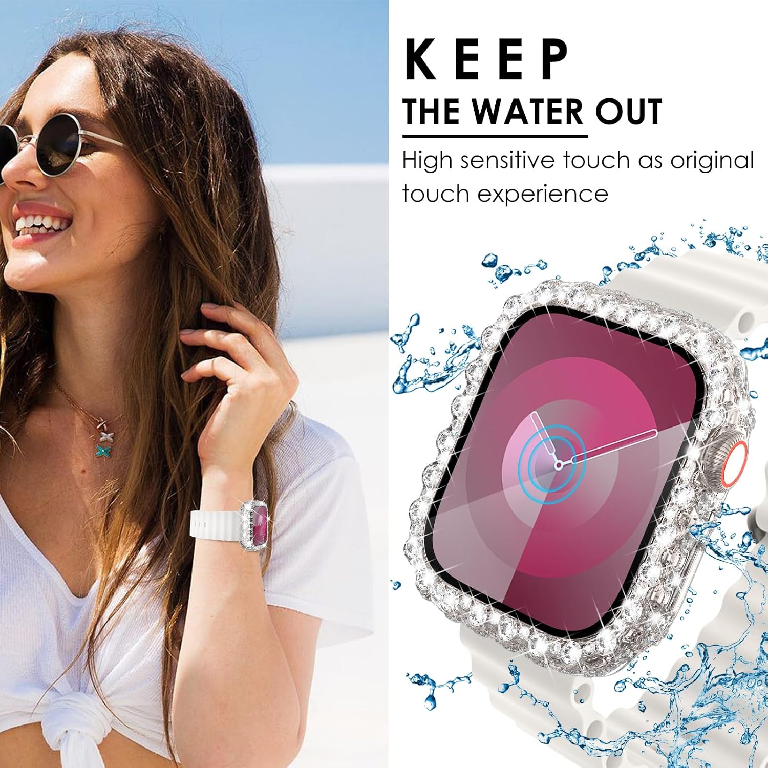Surace 2 in 1 Waterproof Bling Case Compatible for Apple Watch Series 6 5 4 SE 44mm Screen Protector, Lace Edge Diamond Protective Bumper Face Cover for iWatch Accessories Women, 44mm, Clear