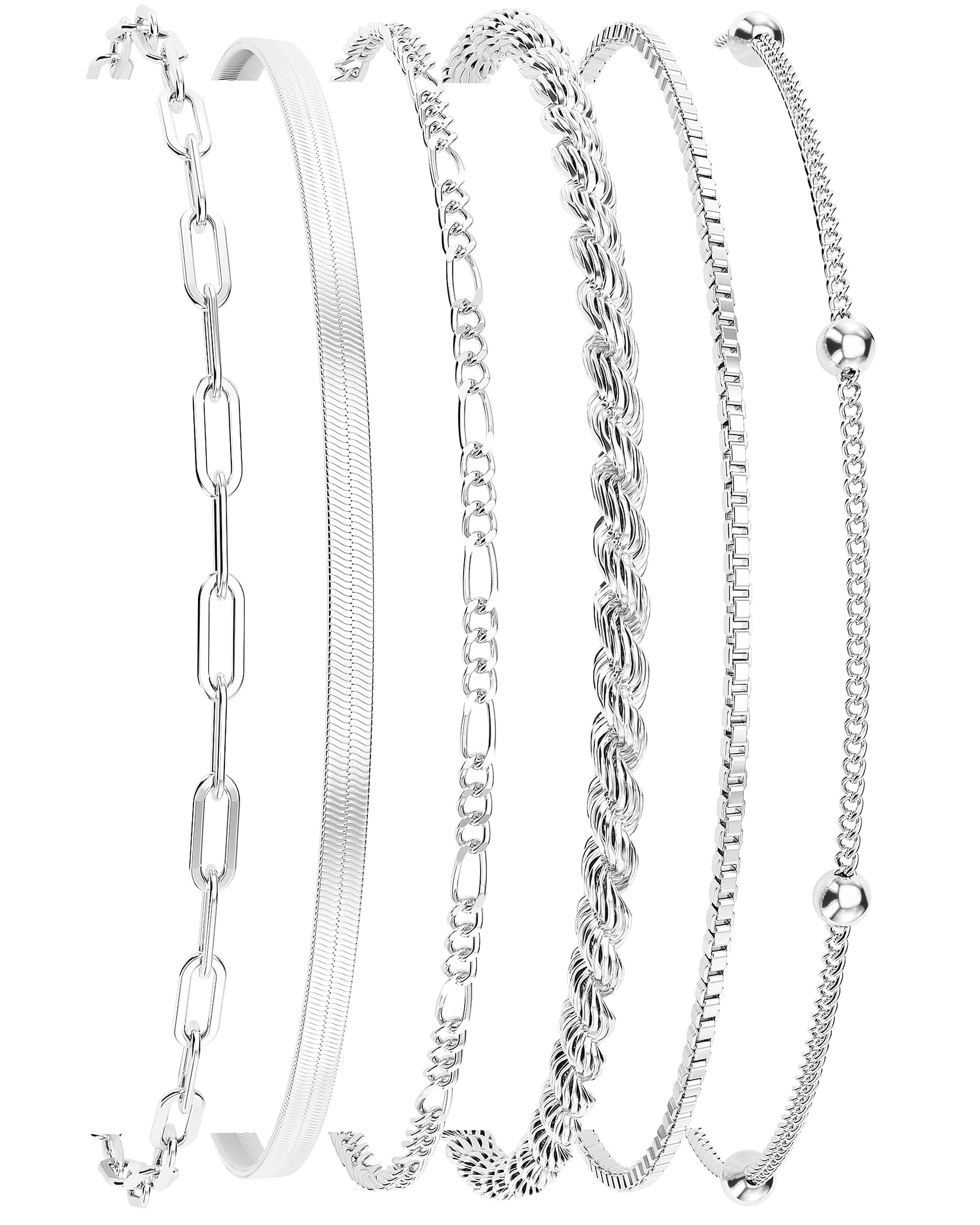 Dainty Silver Plated Bracelets for Women Trendy, Silver Jewelry Set for Women Bracelets for Women Paperclip Box Herringbone Figaro Rope Chain Bracelet Fashion Pack Gifts for Women