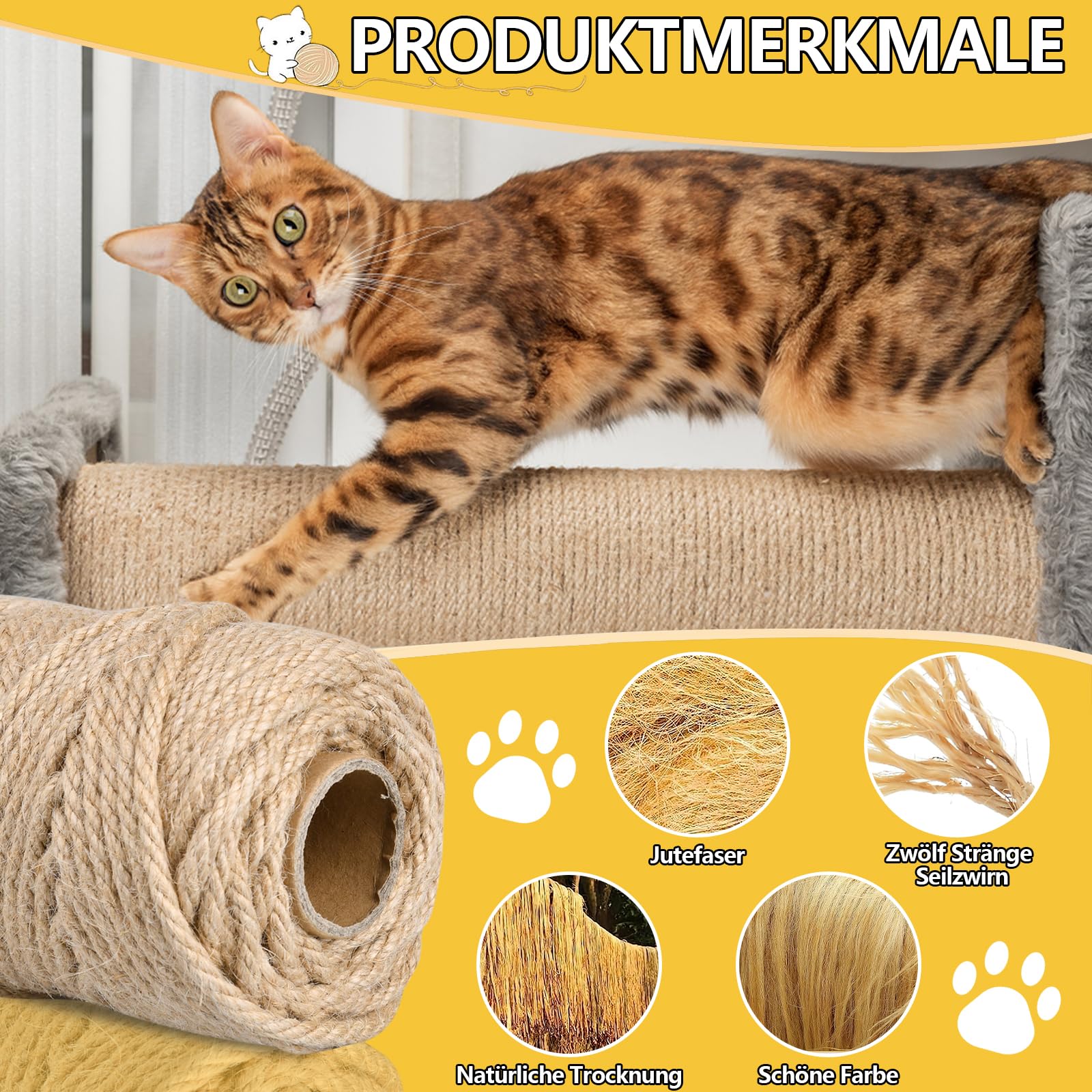 Corde ZOBMIO Corda Canapa, Corda Per Tiragraffi 6mm X 60m con Due Giocattoli Per Topi, Corda Per Tiragraffi Per Gatti Naturale, Corda Juta Ideale per Accessori Gatti, Chat