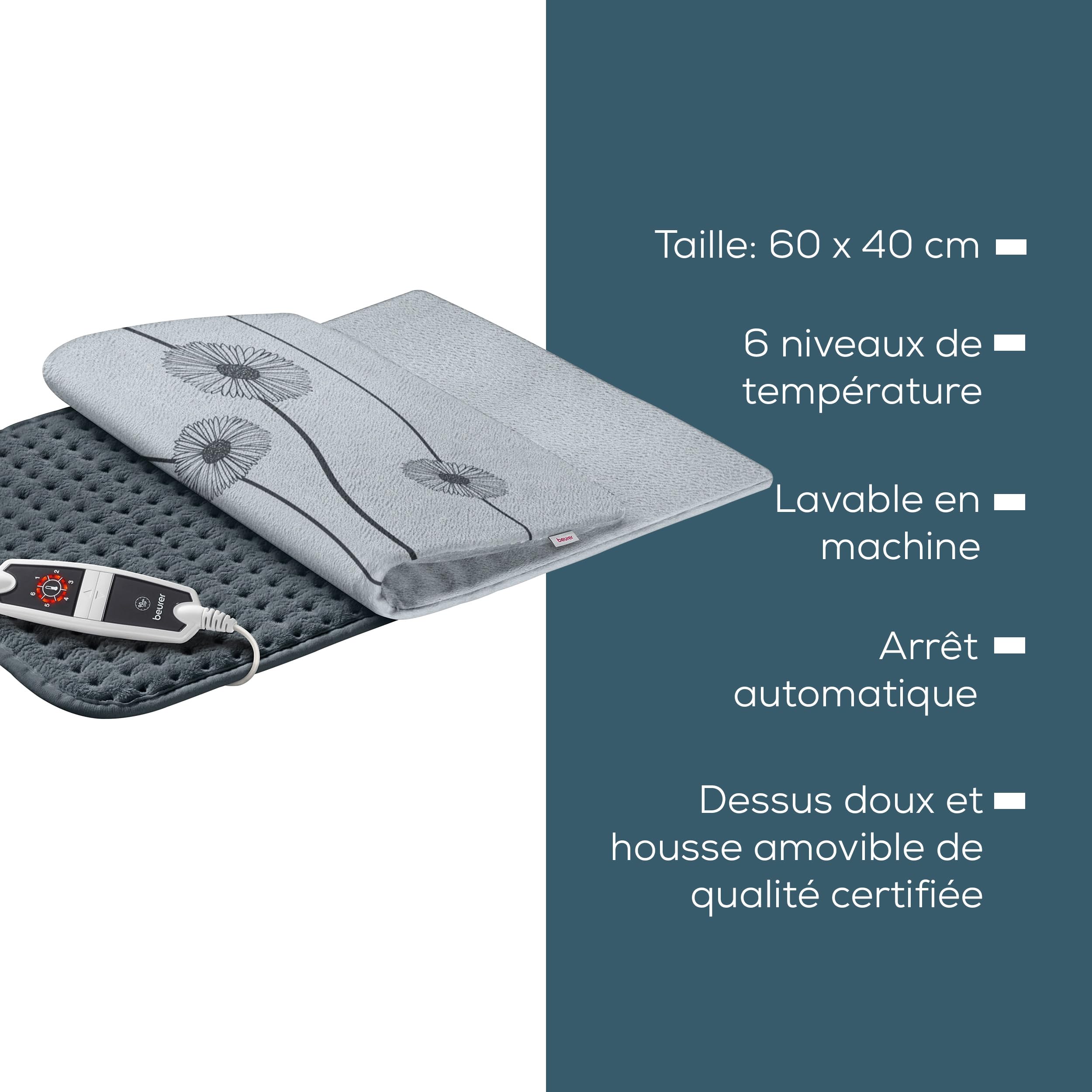 Beurer HK 125 Coussin chauffant, format XXL, avec 6 réglages de température, arrêt automatique et interrupteur à LED, lavable en machine, gris