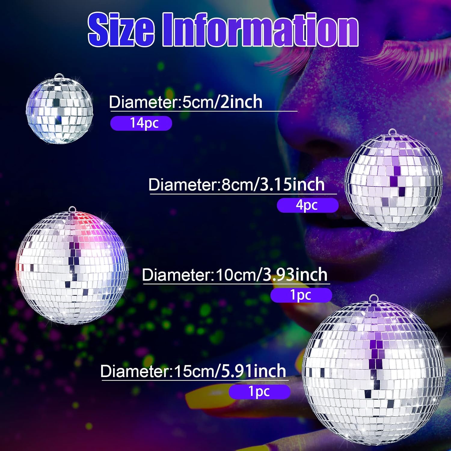 MTLEE 20 Pcs Disco Balls Decoration Mirror Disco Ball Assorted Silver Mini Glass Different Sizes Reflective with Rope for 70s Wedding Dance Music(6, 4, 3. 2, 2 Inch)