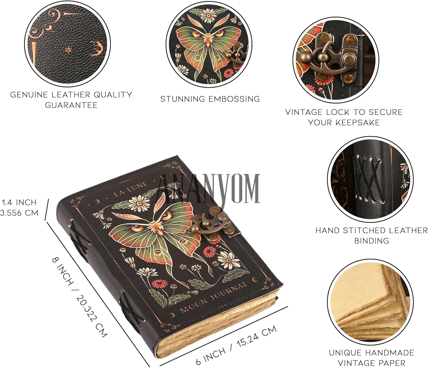 8x6 Inch Leather Journal Notebook for Writing - Luna Moth and Morpho Butterfly – 200 Duckle Paper Vintage Leather Notebook Diary Sketchbook Unruled Journal Brass Clasp Lock, Black