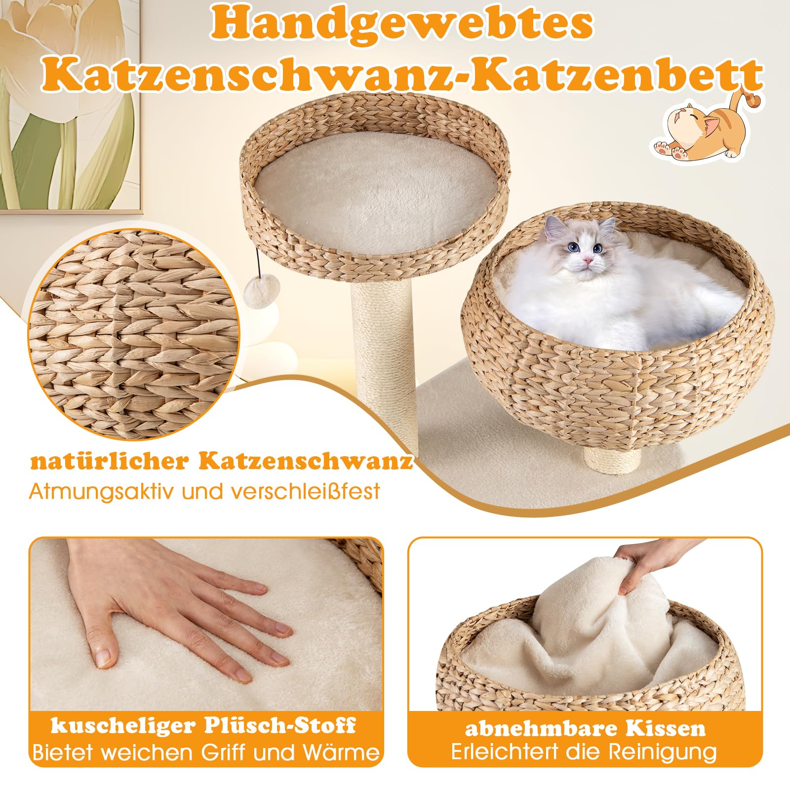 GOPLUS Kratzbaum, Katzenbaum mit Sisal-Säulen, Hängender Ball und eine Schlinge, geräumige Aussichtsplattform, Katzennest aus Stroh, Stabile Struktur, Kratzbrett Kletterbaum für Mehrere Katzen (Beige)