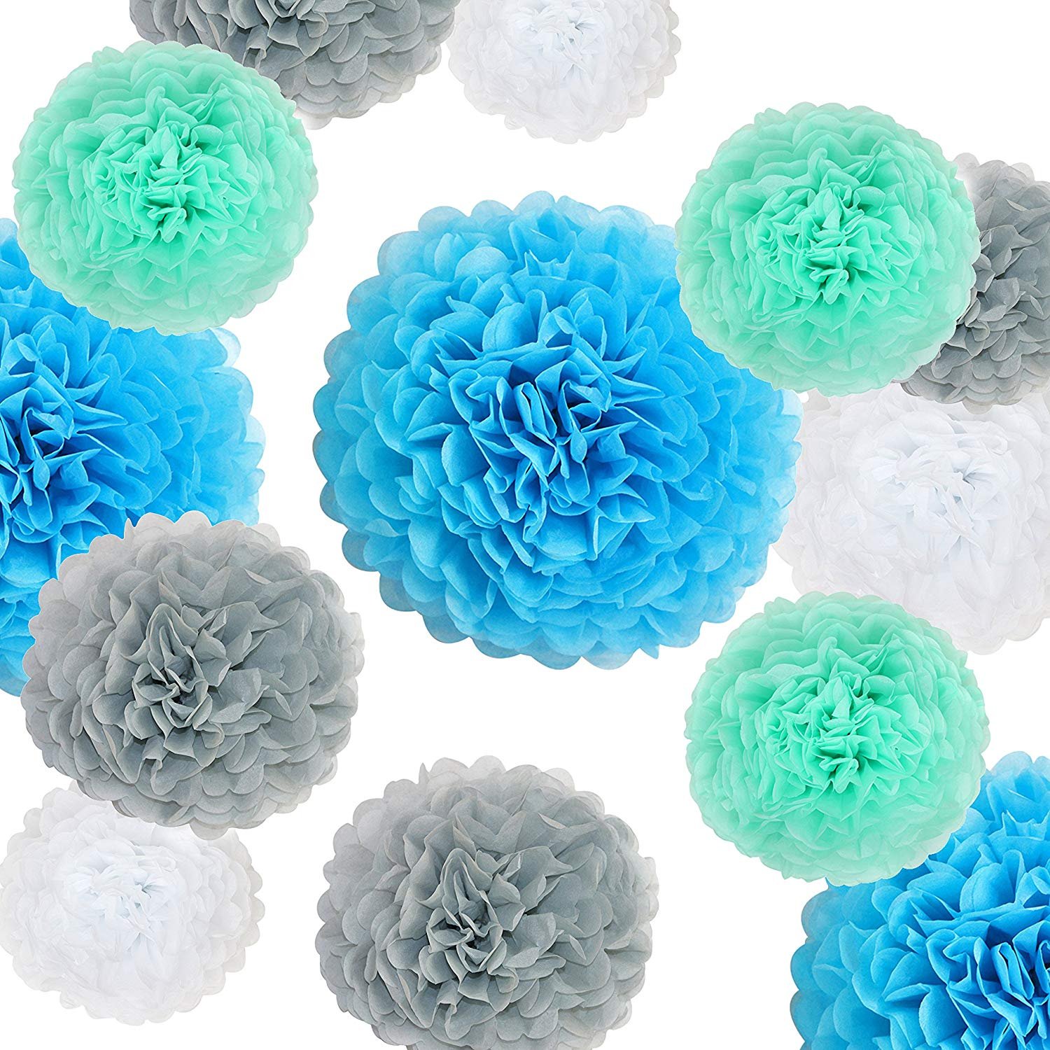 Monkey Home 20 Pcs Tissue Paper Pom Poms Kit (14", 10", 8", 6" Paper Flowers) for Birthday, Baby Shower, Baby Boy Nursery Decor - Aqua Blue, Mint, Grey, White