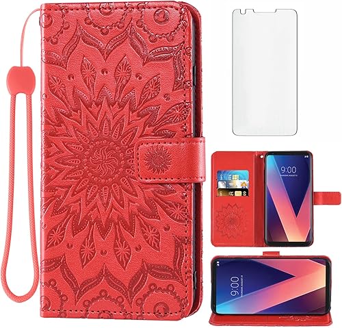 Funda de teléfono para LG V35 ThinQ V30 Plus con protector de pantalla de vidrio templado y cubierta de cuero con tapa para tarjetero, soporte para