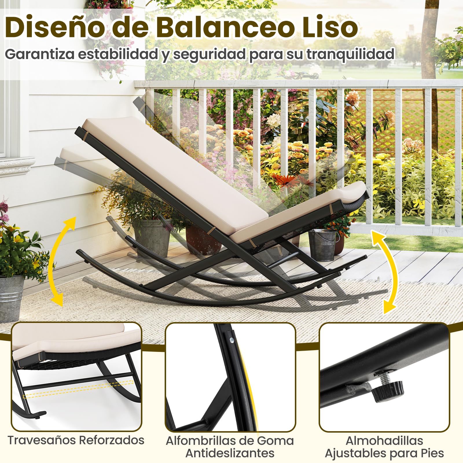 GIANTEX Juego de Muebles de Jardín 3 Piezas, 2 Sillones Mecedoras de Ratán PE, Mesita de Café Redonda, Asiento con Cojín, Conjunto de Conversación para Patio, Balcón, Terraza