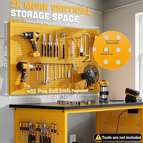 Miniatura 8 de Banco de trabajo ajustable resistente de 47 pulgadas con tomas de corriente, tablero de clavijas y ruedas de bloqueo, mesa de trabajo de garaje de