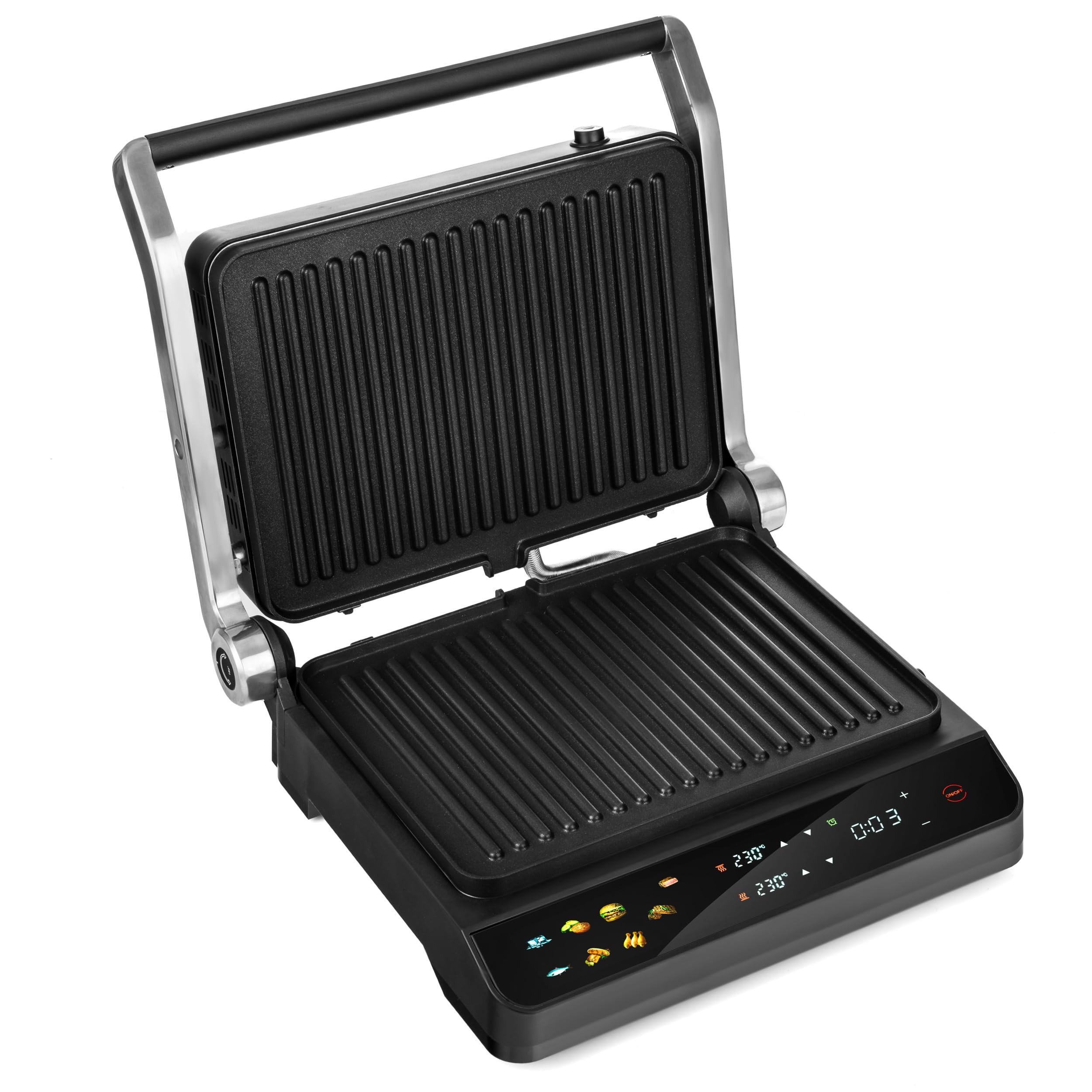 LEHMANN Bistecchiera Elettrica, 2000 W, Apertura 180°, Piastre Antiaderenti Rimovibili, 10 Programmi, Regolazione Temperatura 90-230°C, Timer 1-240 min, Griglia per Cucinare Carne, Pesce e Verdure