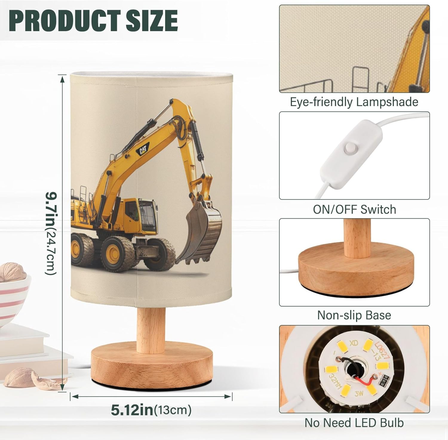 Table Lamp Construction Car Excavator Nightstand Lamp with Wood Base Fabric Lamp Shade Bedside Desk Lamp for Living Room Bedroom Kids Room Office