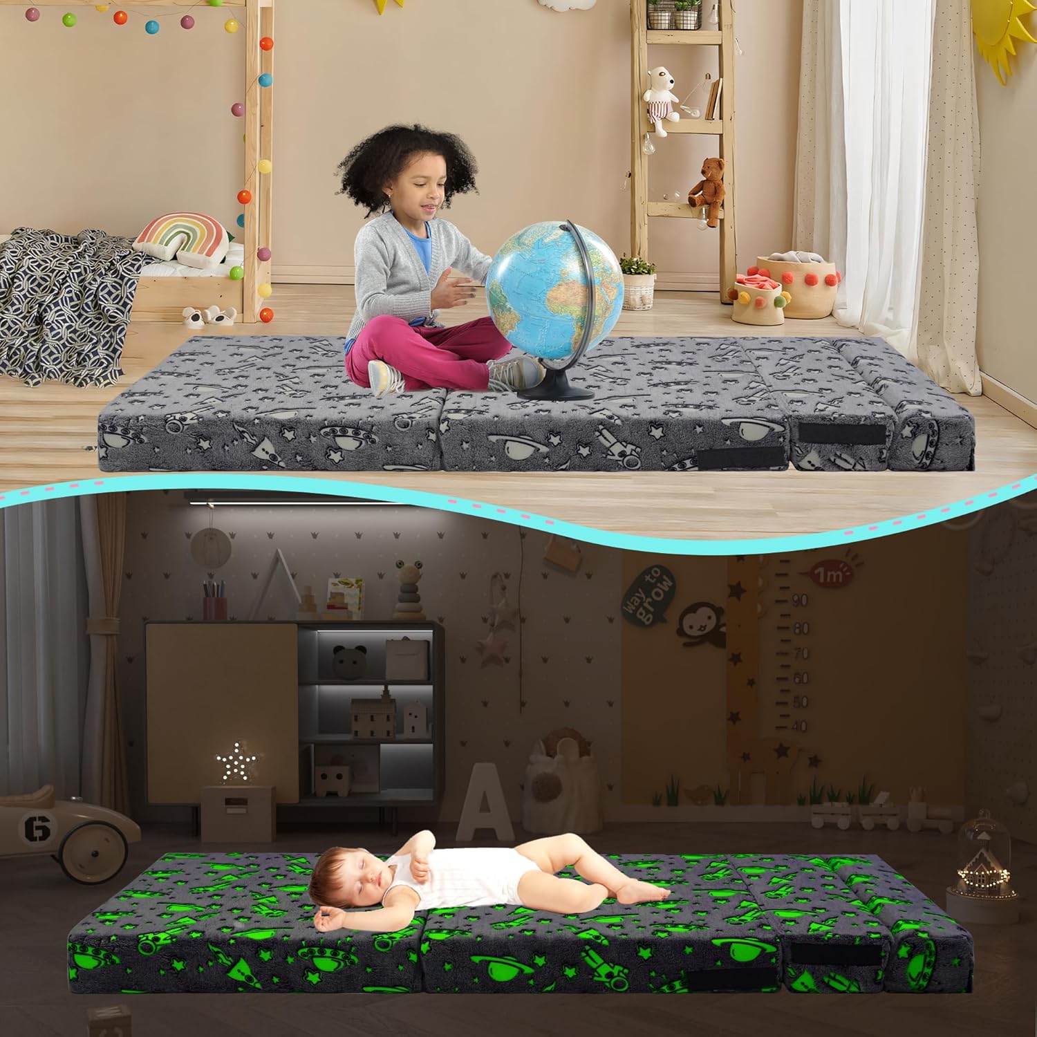 Folding Sofa Bed Floor Mattress for Kids Glow in Dark, Kids Couch Fold Out with Blanket, Portable Toddler Futon Tri Folding Mattress, Toddler Foldable Floor Sofa for Playing Room