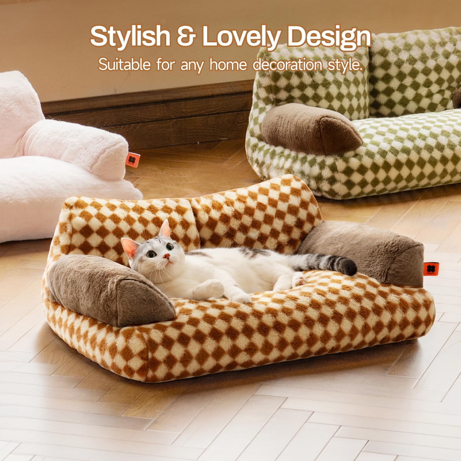 MEWOOFUN Cuccia grande per gatti, 66 x 48 cm, soffice e morbido, per cani e gatti di medie e piccole, graziosa cuccia per gatti con fondo antiscivolo (Marrone)