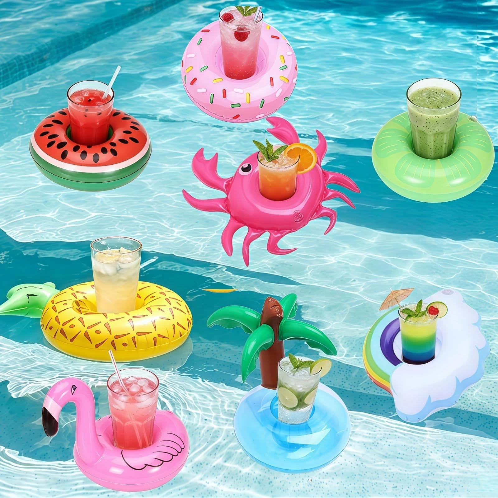 HUANYO 8 Pcs Inflatable Pool Drink Holder Set – Inflatable Coaster Floating Drink Holders with Air Pump, Pool Drink Holders, Inflatable Cup Holder Swimming Pool Toys for Summer Pool Parties (8PCS)