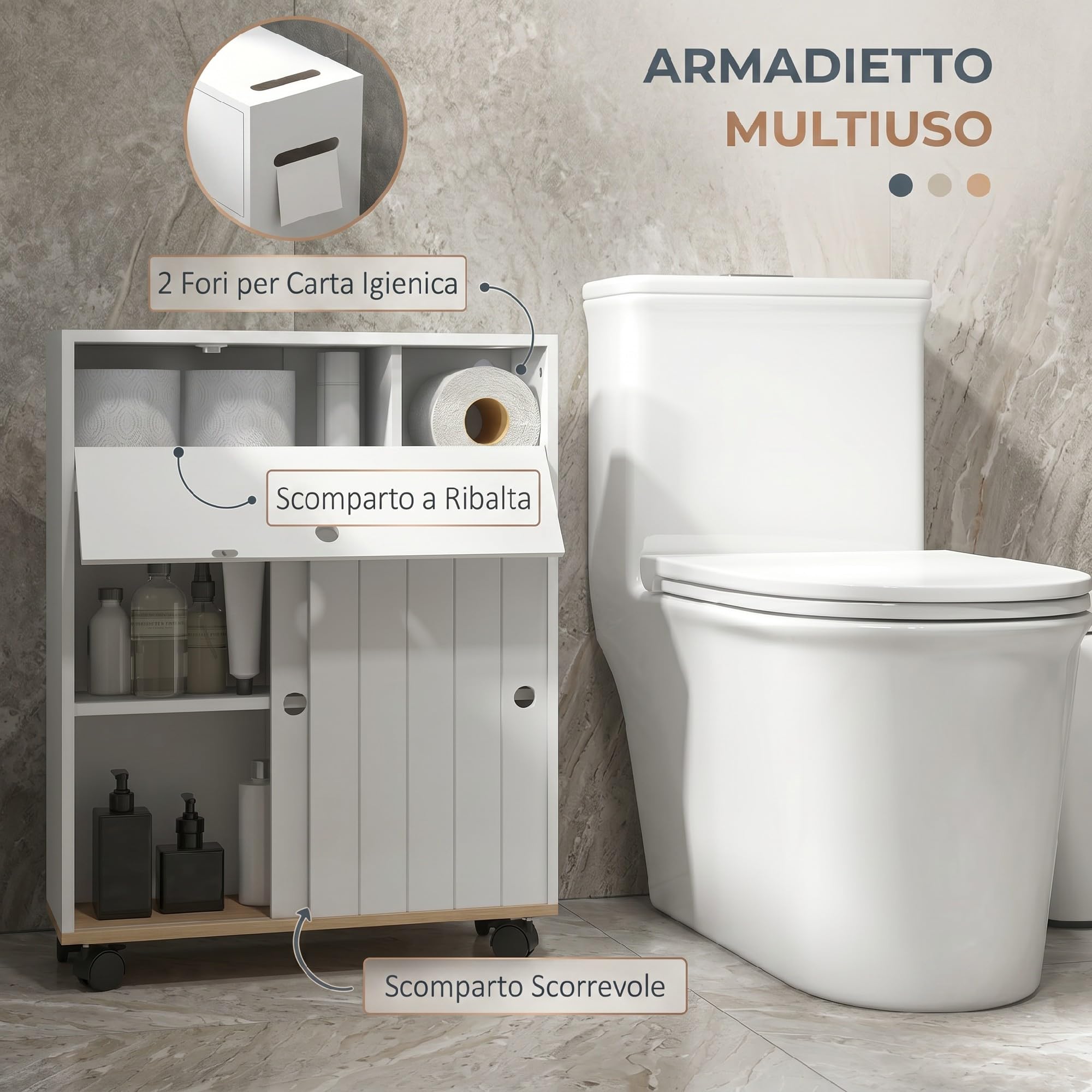 kleankin Mobile Bagno Stretto con Ruote e Ante Scorrevoli, Mobiletto Bagno Salvaspazio con Ripiani Regolabili e 2 Aperture per Carta Igienica, Ideale per Spazi Ridotti, 52x17x67 cm, Bianco