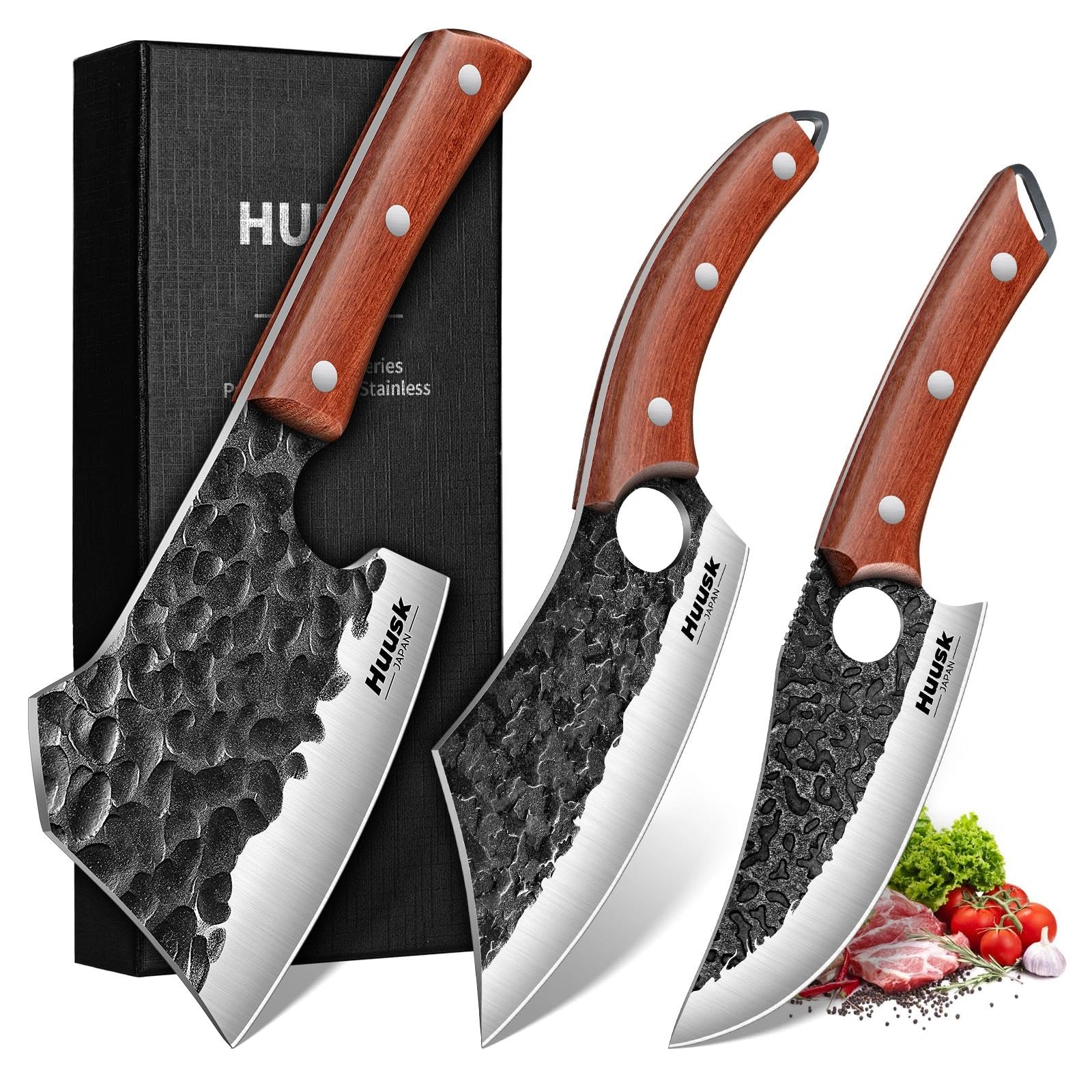 Huusk Butcher Knife Set of 3 - Meat Cleaver Knife Set for Meat Processing