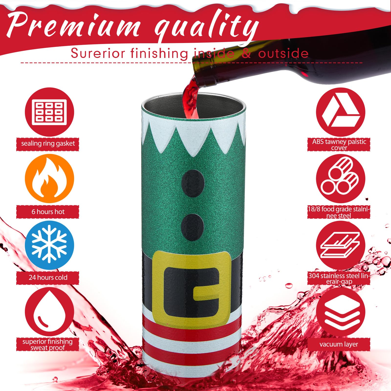 Sliner 6 Stück 590 ml Weihnachtsbecher gerade Edelstahl Skinny Tumbler Bulk Shiny Glitter Cup mit Deckel Strohhalme und Bürsten für Weihnachtsgeschenk Freunde Familie Kinder